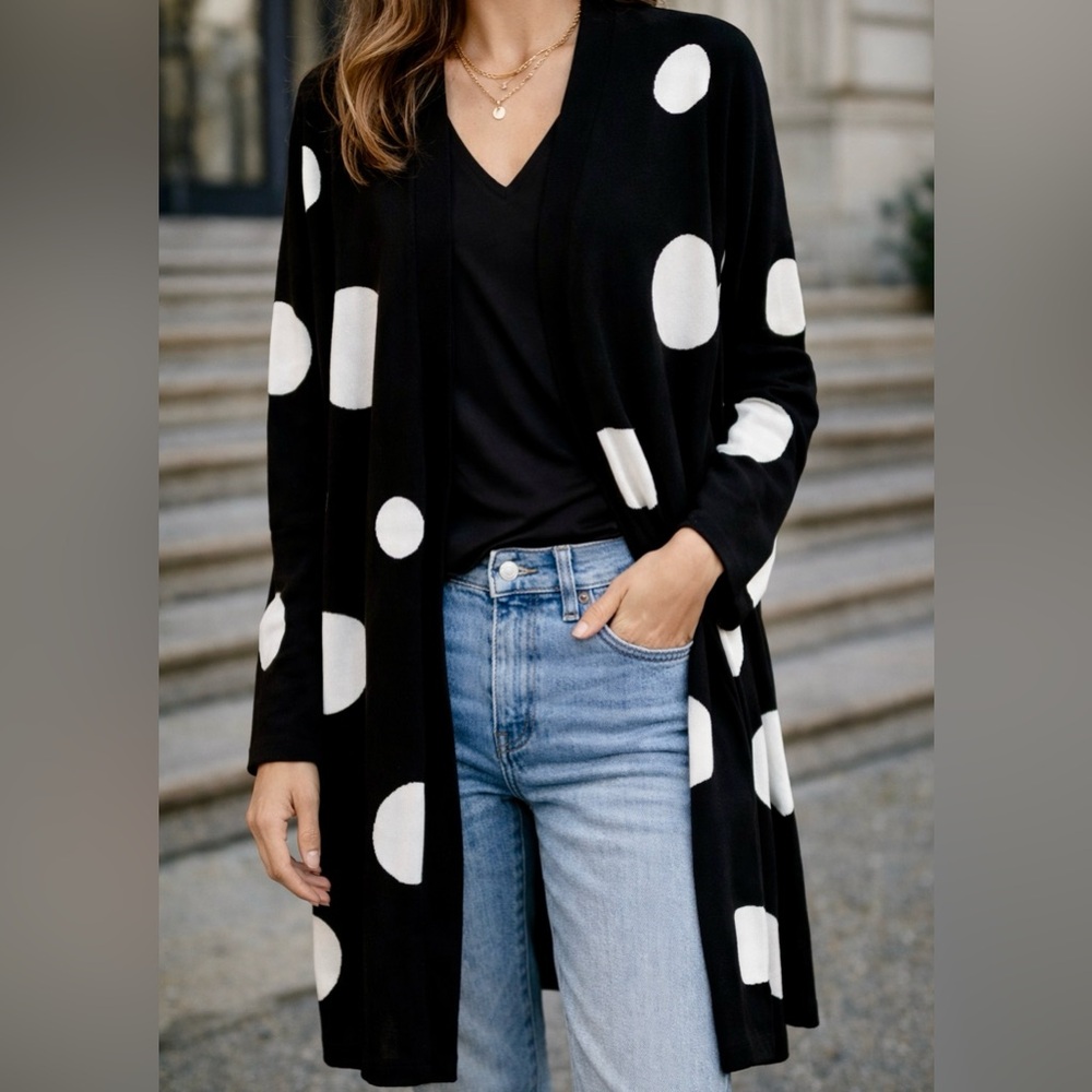 Chico’s Open Front Cardigan Sweater Women’s Sz 1 Black White Polka Dot Sz Medium